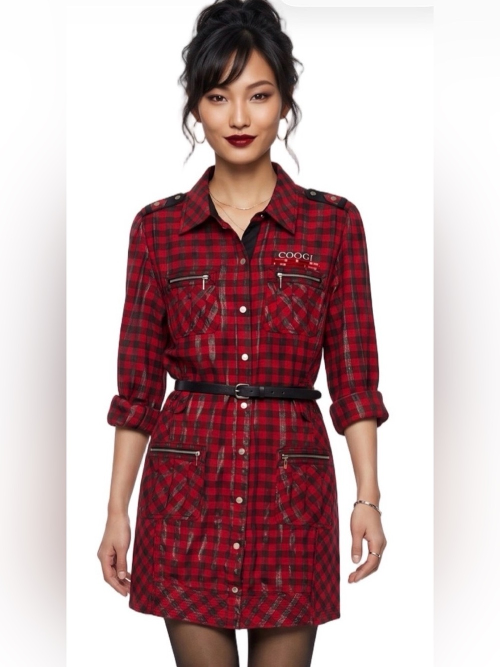 COOGI Red Black Plaid Button Front Mini Shirt Dress Longsleeve Collar Unique HOT